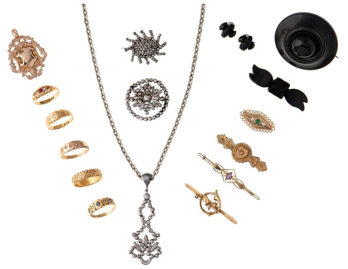 A Collection of jewellery: comprising five gold gem-set rings; four gold bar brooches; one 9-carat gold pendant; two cut steel brooches and a pendant; two jet brooches and a pair or ear studs