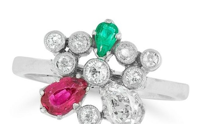 A DIAMOND, RUBY AND EMERALD RING in cluster form set