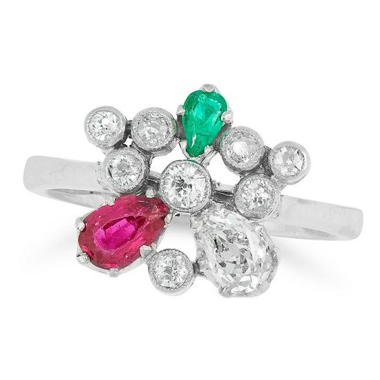 A DIAMOND, RUBY AND EMERALD RING in cluster form set