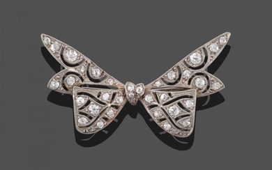 A Diamond Bow Brooch, the bow with pierced decoration and...