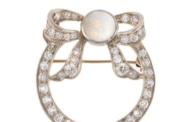 A Diamond & Opal Open Circle Brooch in 14K