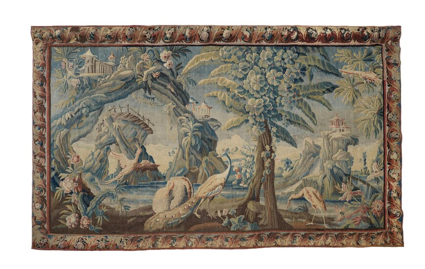 A FRENCH EXOTIC CHINOISERIE LANDSCAPE TAPESTRY, MID-18TH CENTURY