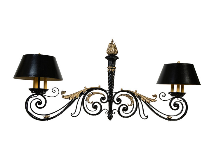 A French Black and Gilt Painted Wrought Iron Billiard Chandelier