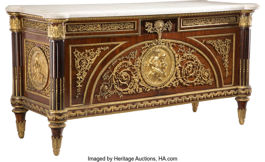 A French Empire-Style Bronze-Mounted Mahogany Commode with Marble Top