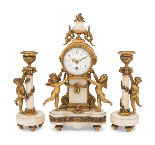A French Gilt Bronze Mounted Marble Clock Garniture