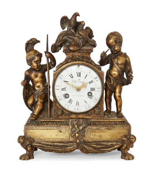 A French gilt-bronze figural striking mantel clock, mid 19th century, the case with central finial of billing doves flanked by cupid and a putto dressed as a Spartan warrior, on plinth base with acanthus border above drapery on hairy paw feet, the...