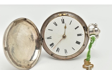 A GEORGE III SILVER FULL HUNTER POCKET WATCH, key wound move...
