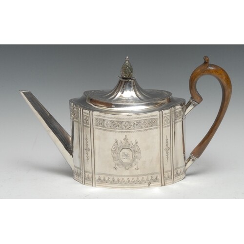 A George III Irish silver commode shaped teapot, hinged loft...