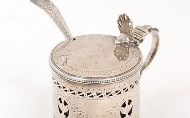 A George III silver mustard pot, London, 1781, Robert Hennell I, of circular form with pierced urn decoration and chased floral swags, having scroll handle with floral thumbpiece, with blue glass liner, approx. 8.1cm high, with associated Georgian...