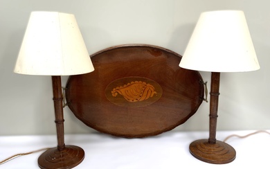 A George III style mahogany oval tea tray, 19th century, with inlaid shell; also a pair of turned