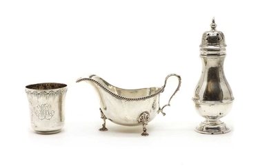 A George III style silver sauce boat, a sugar castor and a beaker