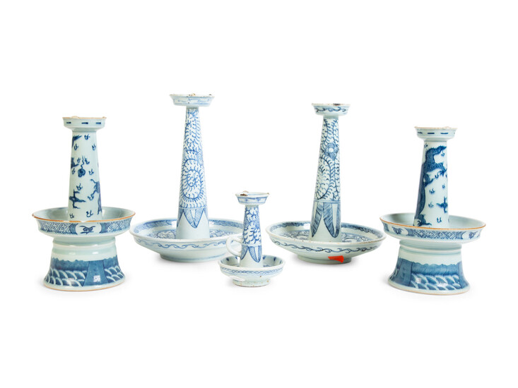 A Group of Five Chinese Blue and White Porcelain Candle Holders