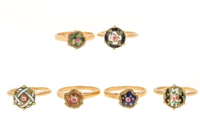 A Group of Six Enameled Button Rings in 14K