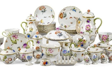 A Herend 'Fruits Necker' FRN part tea and coffee service, 20th century, each piece with printed factory mark and printed or incised model number to the underside, comprising: a coffee pot and cover no. 1477, 21.4cm high overall, a teapot and cover...