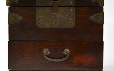 A Japanese wooden travelling vanity case with mirror in the...
