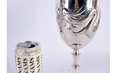 A LARGE 19TH CENTURY CHINESE EXPORT SILVER DRAGON GOBLET dec...
