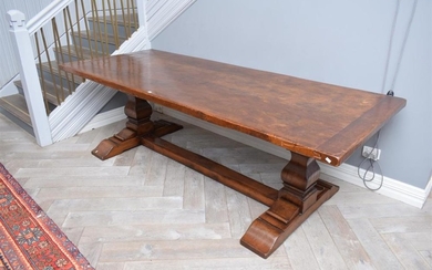 A LARGE FRENCH PROVINCIAL STYLE REFECTORY TABLE IN SOLID OAK (H 77 X W 243 X D 100 CM) (PLEASE NOTE THIS ITEM MUST BE REMOVED BY CLI...