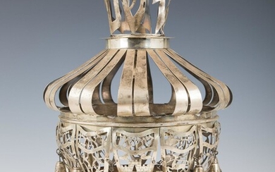 A LARGE STERLING SILVER HAND WROUGHT TORAH CROWN.
