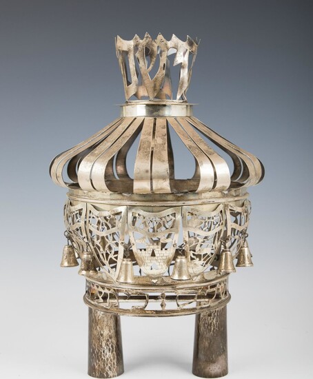 A LARGE STERLING SILVER HAND WROUGHT TORAH CROWN.