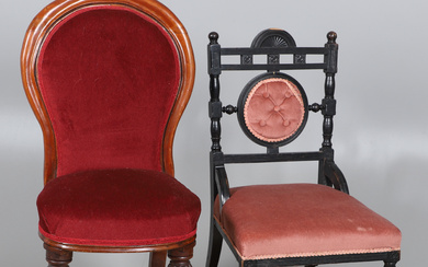 A LATE VICTORIAN AESTHETIC PERIOD LOW CHAIR AND ANOTHER SIMILAR.