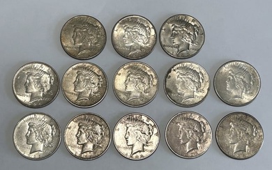 A LOT OF 13 AMERICAN $1 PEACE SILVER DOLLARS, CIRCA 1922, 1923, 1924, 1925, 1926 and 1935