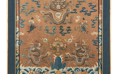A Large Ochre Ground Embroidered Silk 'Dragon' Panel