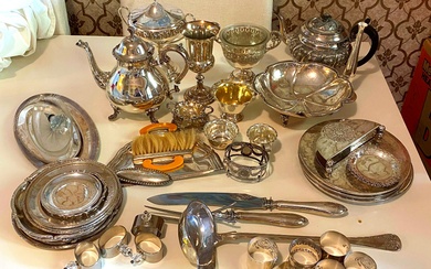 A Large Quantity of Silver Plate including Teapot, Napkin Rings, Carving Set