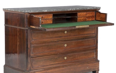 A Louis Phillipe rosewood secretary with grey-varied marble top. France, ca. 1840. H. 93 cm. W. 130 cm. D. 54 cm.