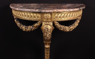 A Louis XVI Style Carved Giltwood Demi-lune Console Table. The attractive pink & white veined grey m