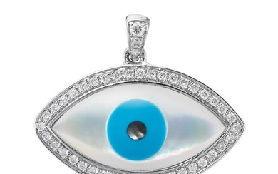 A MOTHER OF PEARL, DIAMOND AND ENAMEL EVIL EYE PENDANT designed as an evil eye set with mother of