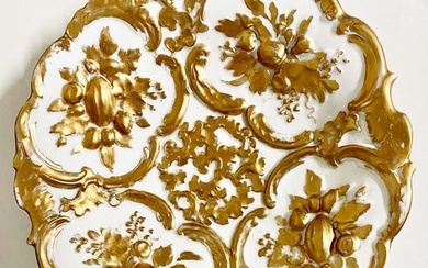 A Meissen Leuteritz Rococo Relief Gold Fruits Plate