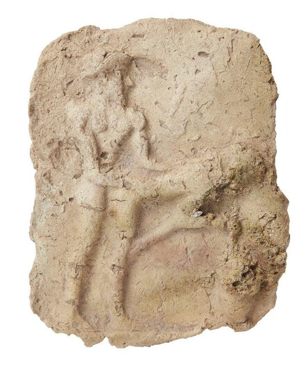 A Mesopotamian baked clay tablet with an erotic scene in high relief, the figure standing behind his lover, who is bending over drinking beer through a straw from a vessel below, Old Babylonian, circa 2000-1600 B.C., 9.6cm x 7.2cm Provenance:...