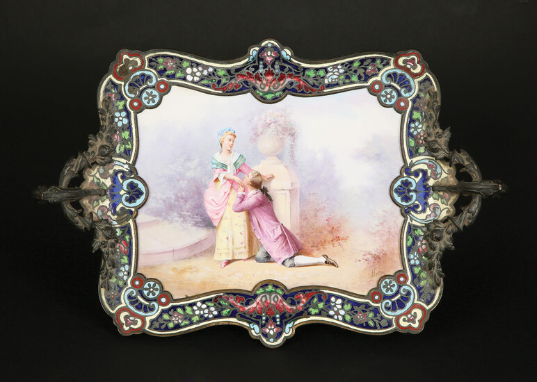 A PAINTED PORCELAIN ROMANTIC SCENE IN A BRONZE AND CHAMPLEVE ENAMEL FRAME