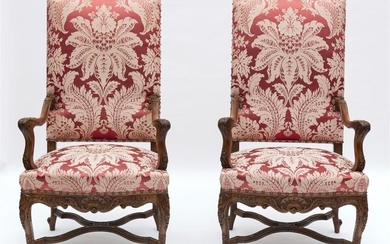 A PAIR OF 19TH CENTURY LOUIS XIII STYLE WALNUT HIGH BACK OPEN ARMCHAIRS, UPHOLSTERED IN SILK, 125CM H X 70CM W X 57CM D