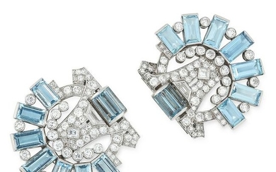 A PAIR OF AQUAMARINE AND DIAMOND CLIP BROOCHES, CARTIER