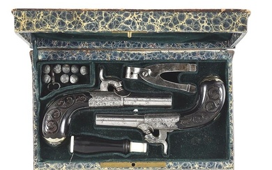 (A) PAIR OF BELGIAN PERCUSSION MUFF PISTOLS IN BOOK-FORM CASE.