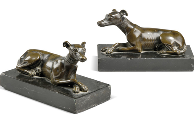 A PAIR OF BRONZE MODELS OF RECLINING WHIPPETS, 19TH CENTURY, IN THE MANNER OF THOMAS WEEKS
