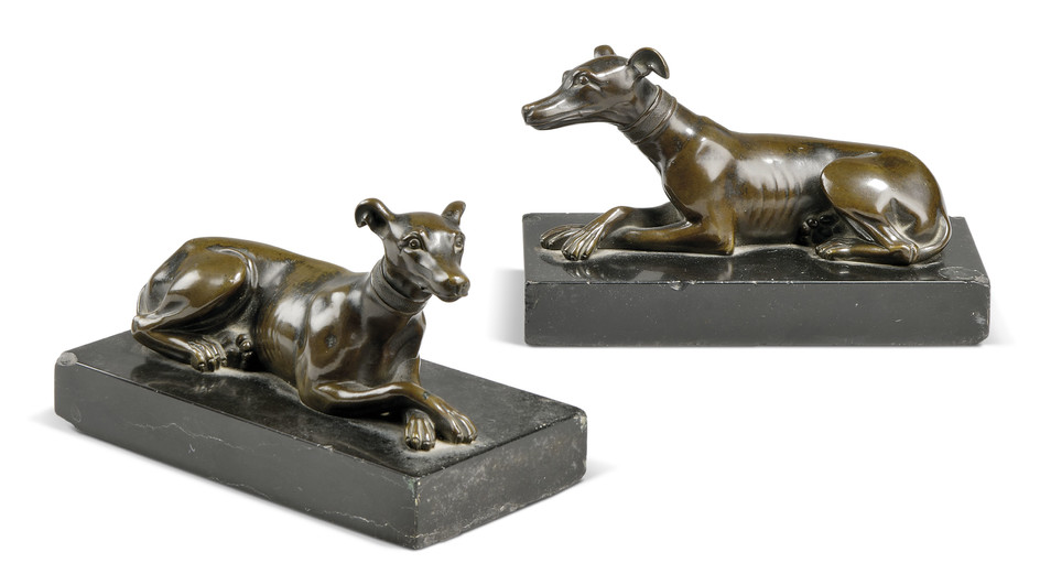 A PAIR OF BRONZE MODELS OF RECLINING WHIPPETS, 19TH CENTURY, IN THE MANNER OF THOMAS WEEKS