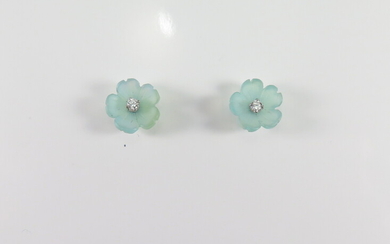 A PAIR OF CHALCEDONY AND DIAMOND FLOWER EAR-STUDS