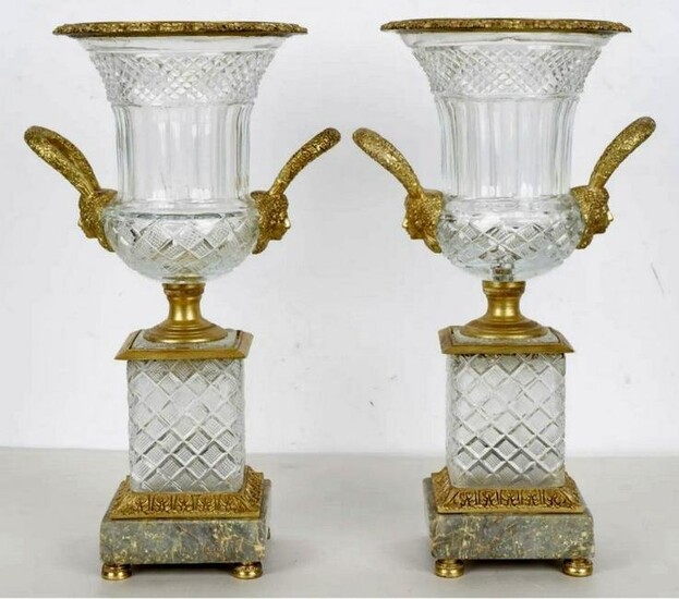 A PAIR OF DORE BRONZE & BACCARAT CRYSTAL VASES