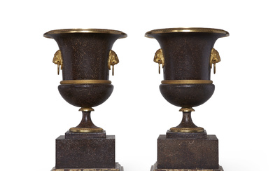 A PAIR OF EMPIRE ORMOLU AND TOLE PEINTE URNS EARLY...