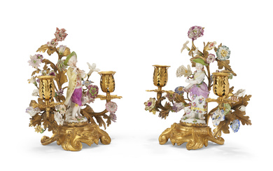 A PAIR OF LOUIS XV ORMOLU-MOUNTED MEISSEN AND FRENCH PORCELAIN...