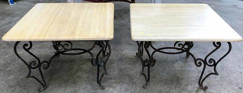A PAIR OF METAL BASED MARBLE TOP LAMP TABLES