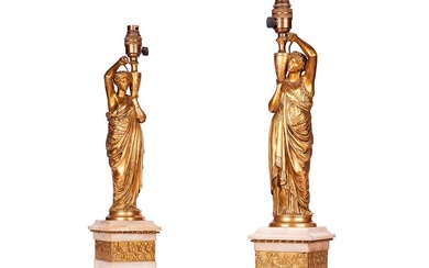 A PAIR OF ORMOLU AND ALABASTER FIGURAL TABLE LAMPS, LATE 19TH CENTURY