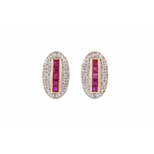 A PAIR OF RUBY AND DIAMOND CLUSTER EARRINGS, of oval form, m...