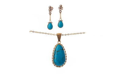 A PAIR OF TURQUOISE AND PEARL EARRINGS AND A SIMILAR PENDANT