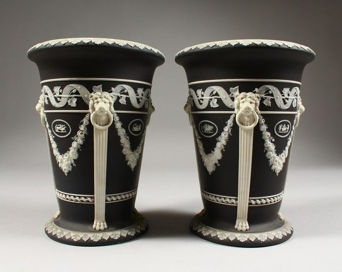 A PAIR OF WEDGWOOD BLACK AND WHITE JASPER WARE VASES