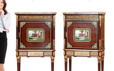 A Pair Of 19th C. Henry Dasson Bronze & Sevres Porcelain Plaque Cabinets