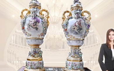 A Pair Of Monumental Meissen Style Hand Painted Porcelain Figural Vases