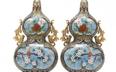 A Pair of Chinese Cloisonne and Champleve Double Gourd Vases